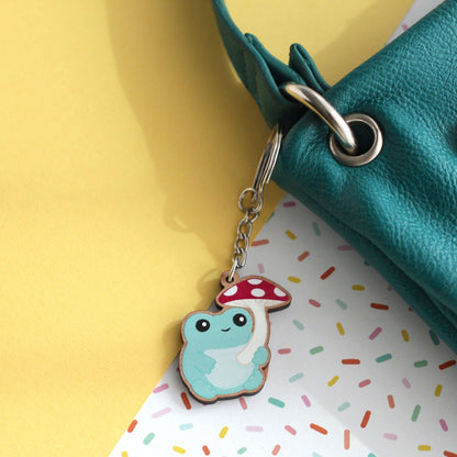 Mushroom Frog Keychain - Cute Wood Charm - Frog Accessories by Wild Whimsy Woolies