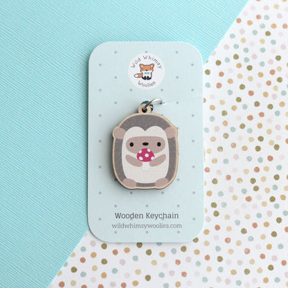 Mushroom Hedgehog Wood Keychain - Cute Wooden Charm - Eco-Friendly Gift