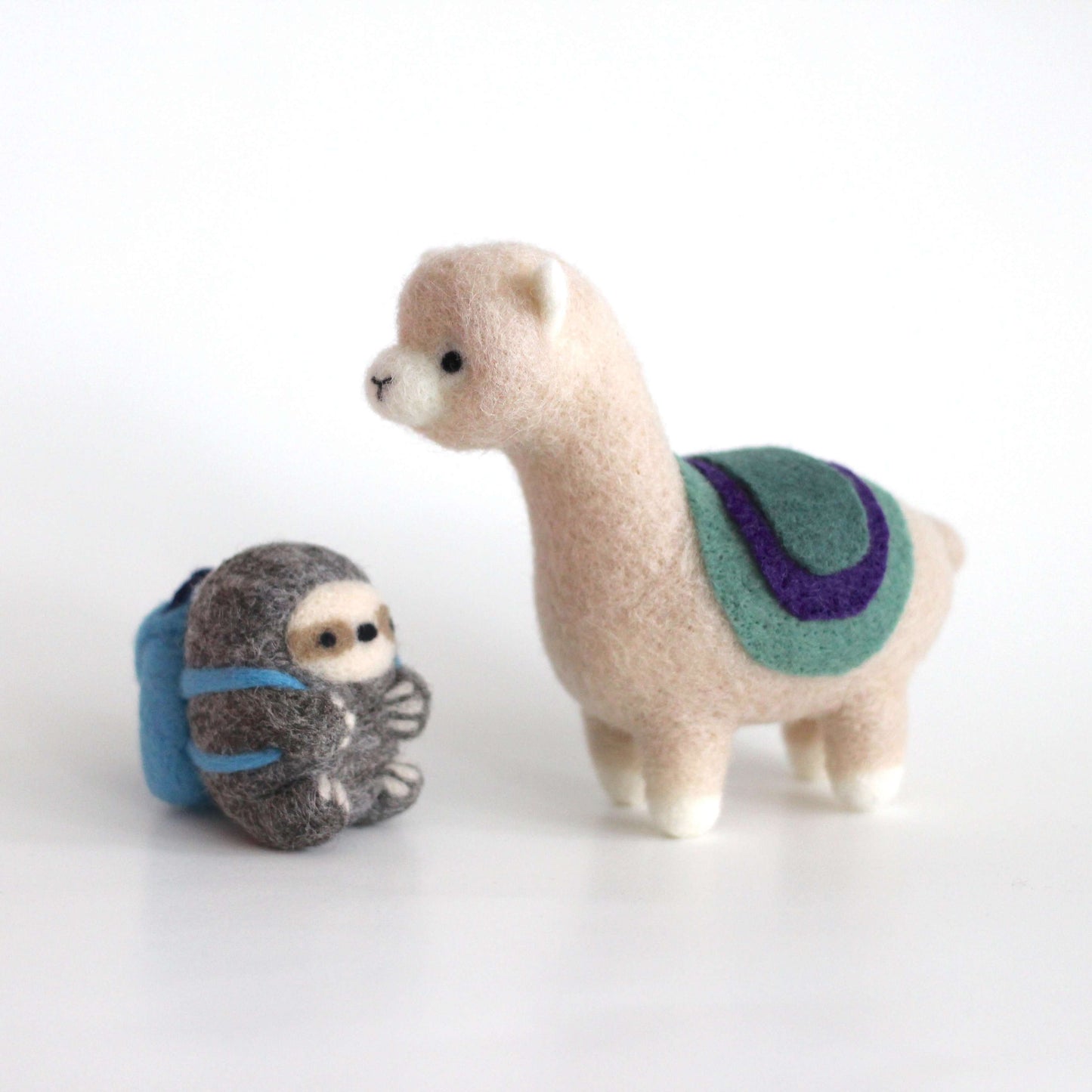 Needle Felted Alpaca and Backpacking Sloth Adventurers
