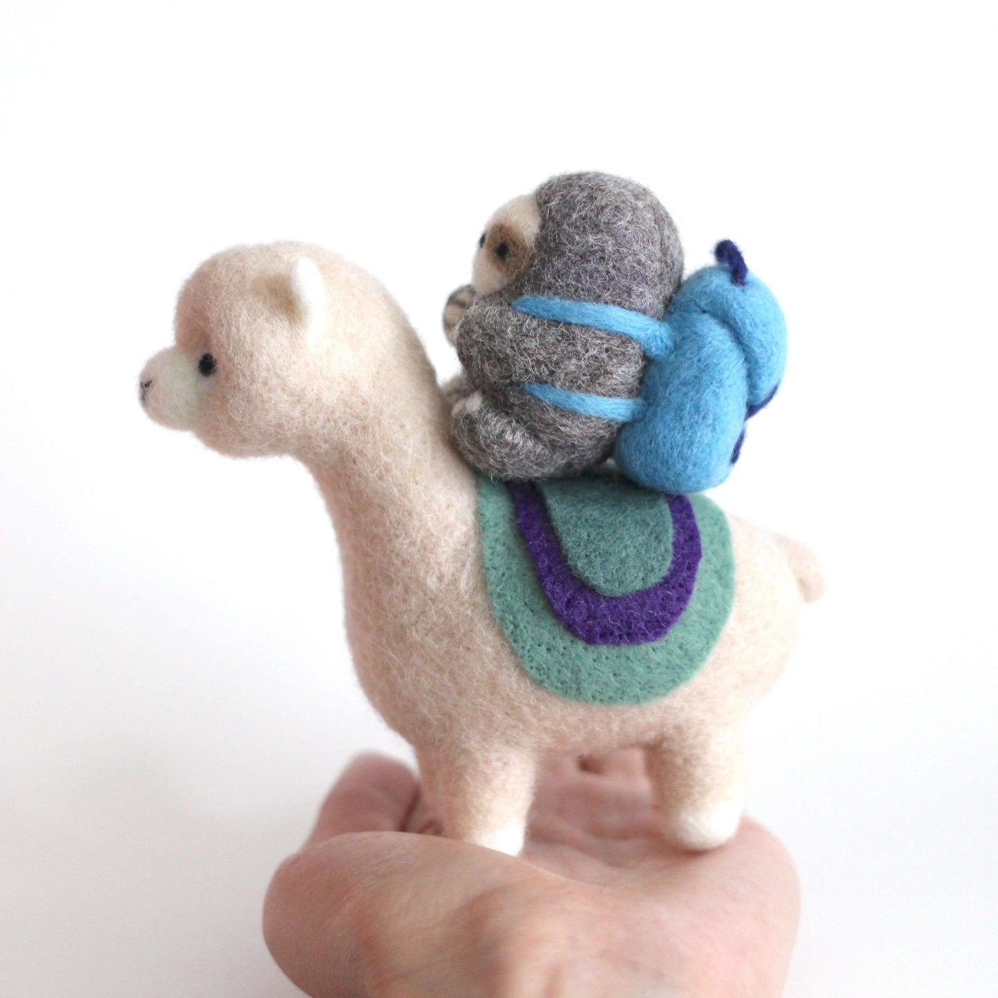 Needle Felted Alpaca and Backpacking Sloth Adventurers