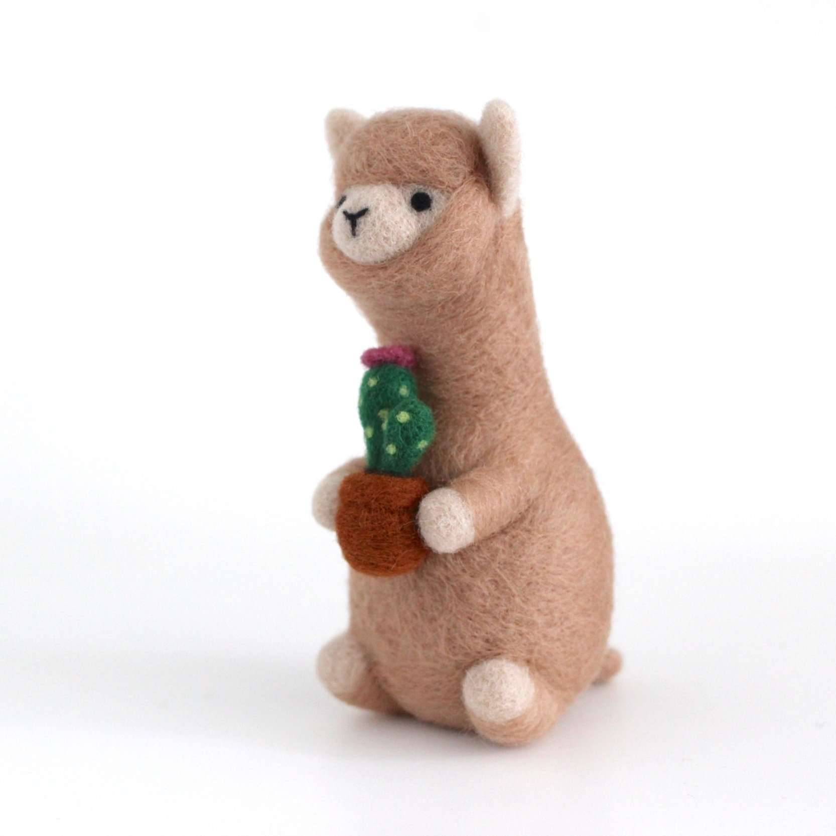 Needle Felted Alpaca holding Cactus by Wild Whimsy Woolies