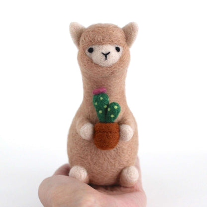 Needle Felted Alpaca holding Cactus by Wild Whimsy Woolies