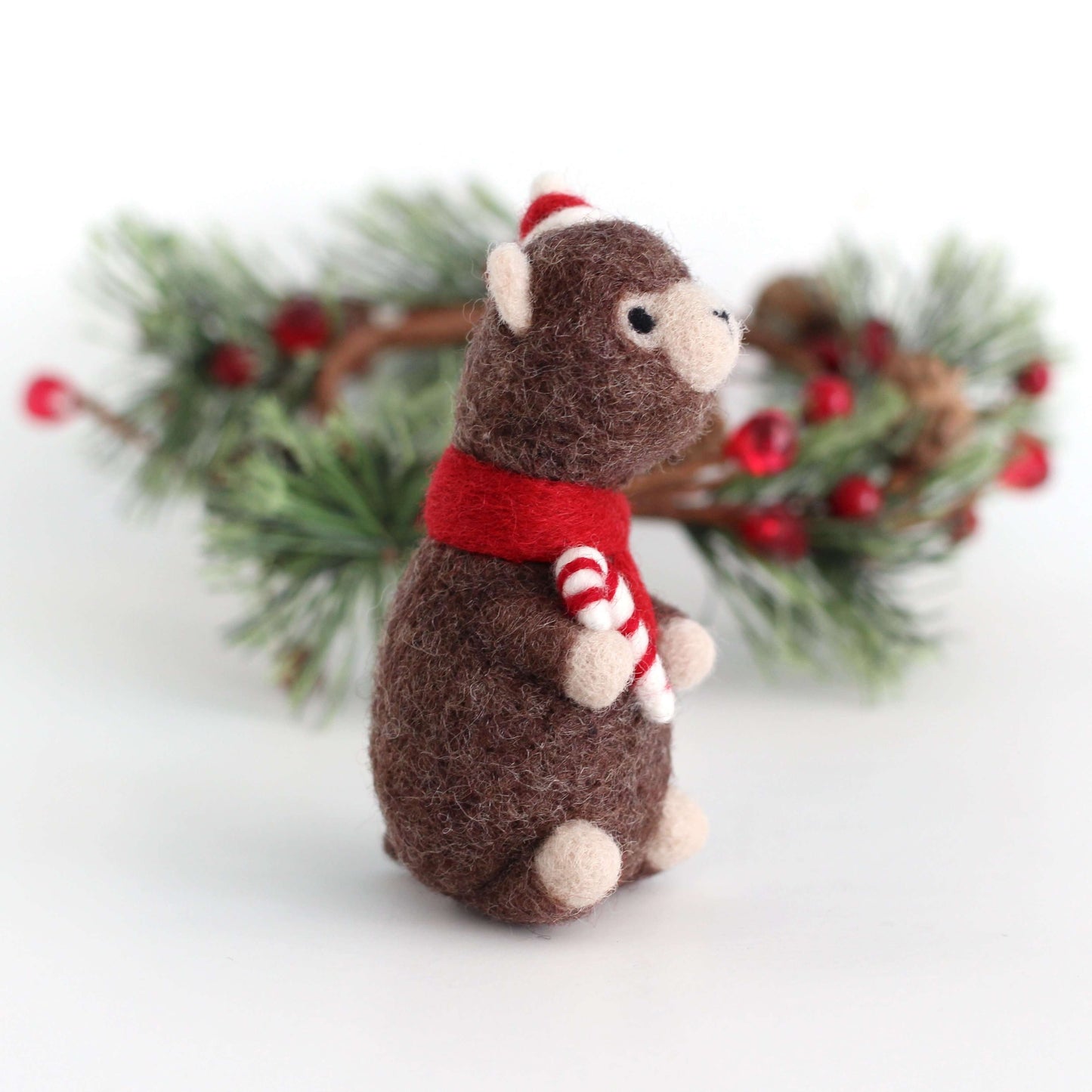 Needle Felted Alpaca holding Candy Cane by Wild Whimsy Woolies