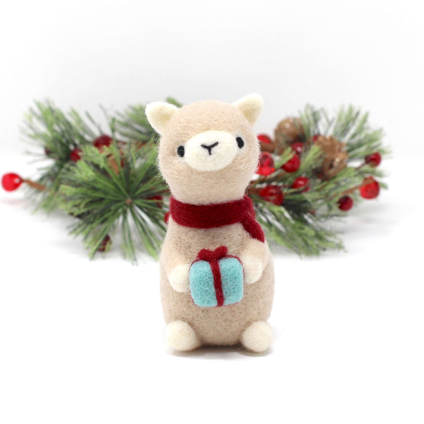 Needle Felted Alpaca holding Christmas Gift