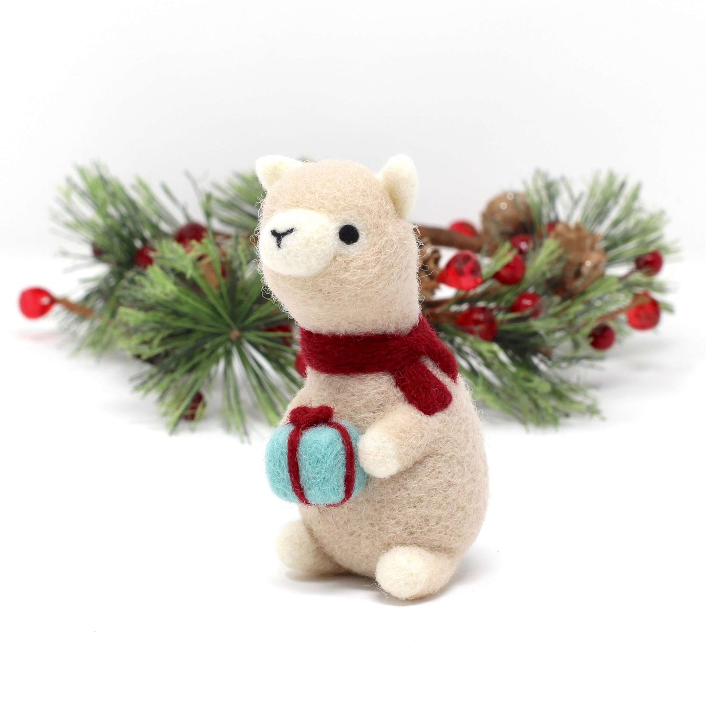 Needle Felted Alpaca holding Christmas Gift