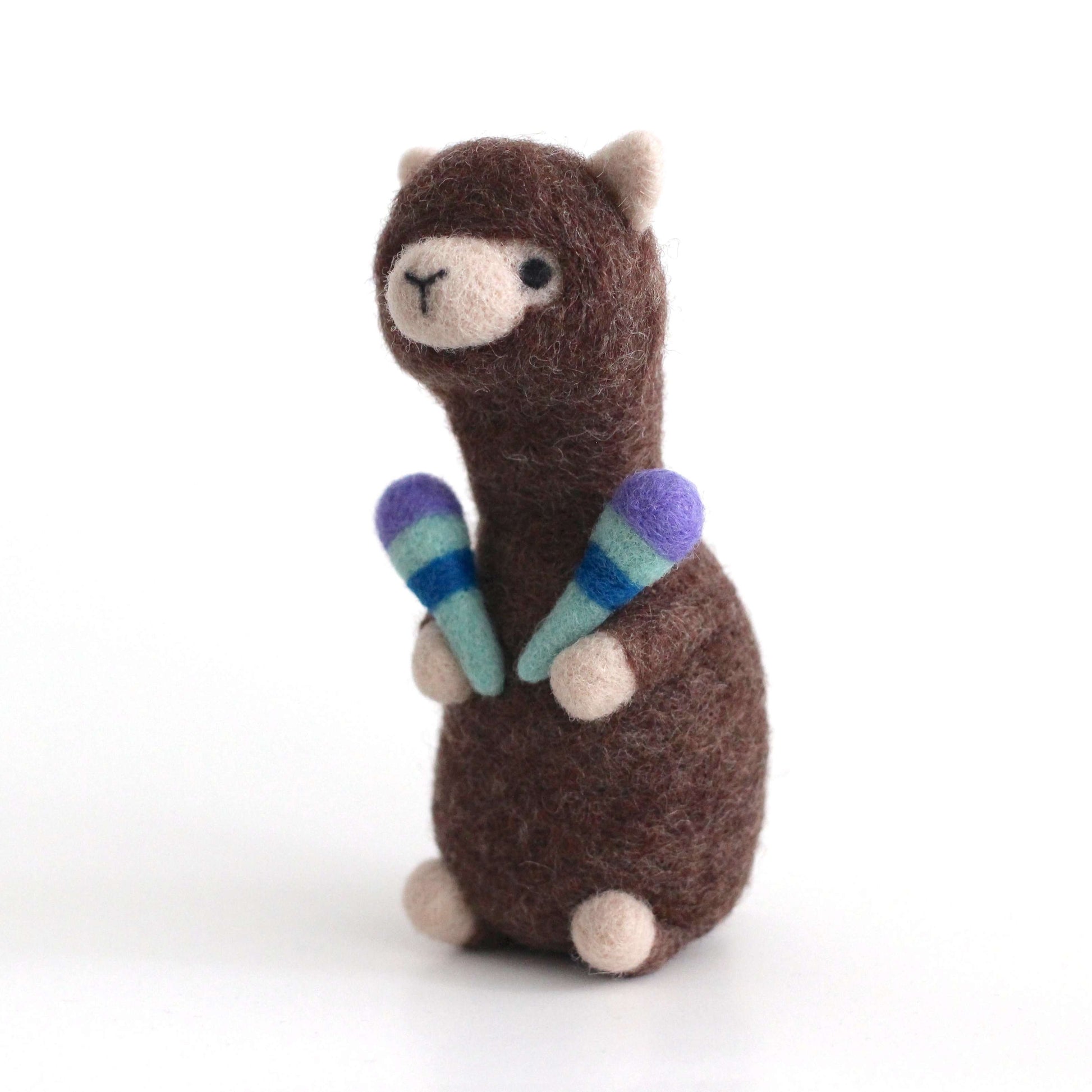 Needle Felted Alpaca holding Maracas by Wild Whimsy Woolies