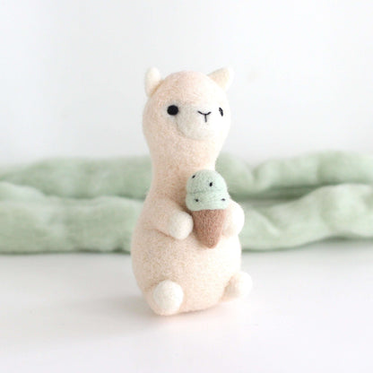 Needle Felted Alpaca holding Mint Chocolate Ice Cream by Wild Whimsy Woolies