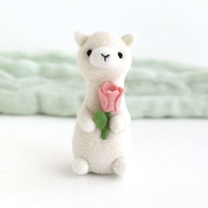 Needle Felted Alpaca holding Pink Tulip by Wild Whimsy Woolies