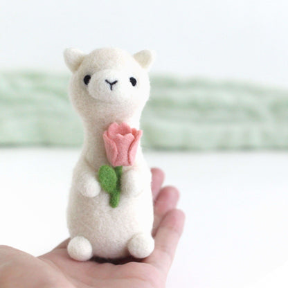 Needle Felted Alpaca holding Pink Tulip by Wild Whimsy Woolies