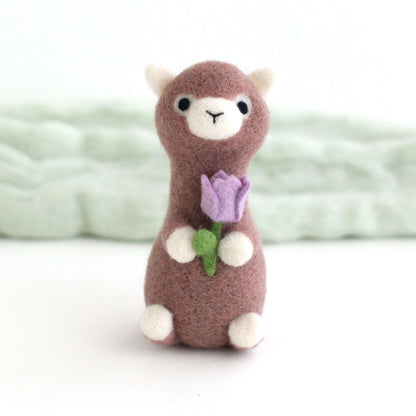 Needle Felted Alpaca holding Purple Tulip by Wild Whimsy Woolies