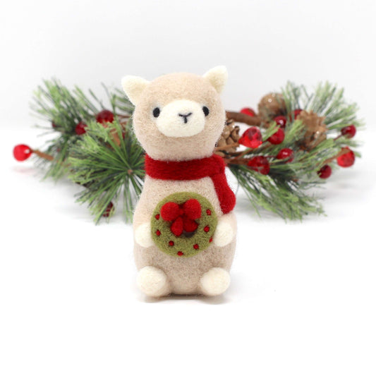 Needle Felted Alpaca holding Wreath