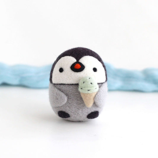 Needle Felted Baby Emperor Penguin with Ice Cream Cone