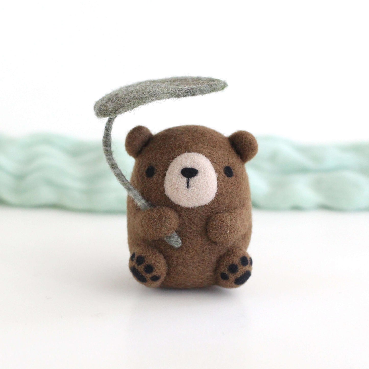 Needle Felted Bear Holding Leaf Umbrella