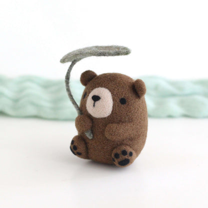 Needle Felted Bear Holding Leaf Umbrella by Wild Whimsy Woolies