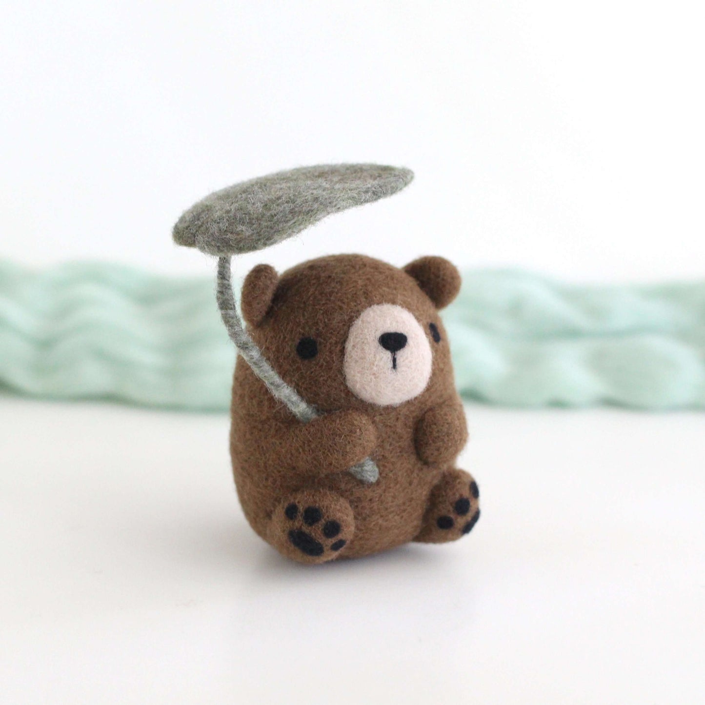 Needle Felted Bear Holding Leaf Umbrella