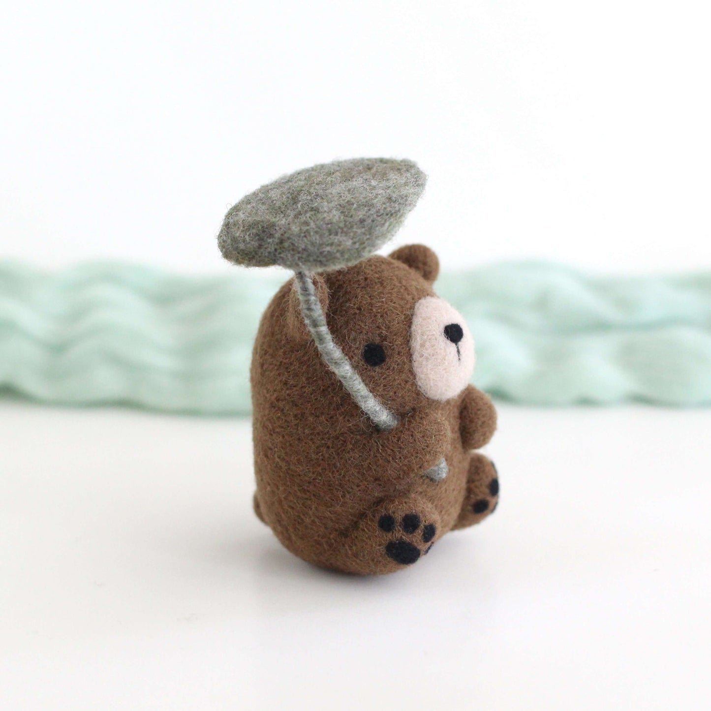 Needle Felted Bear Holding Leaf Umbrella