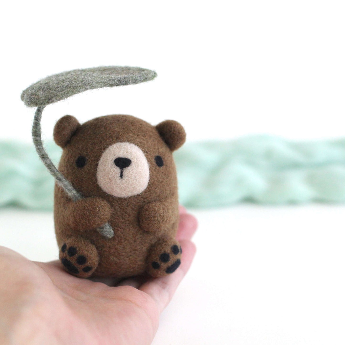 Needle Felted Bear Holding Leaf Umbrella