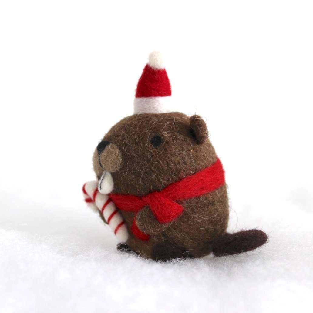 Needle Felted Beaver w/ Candy Cane