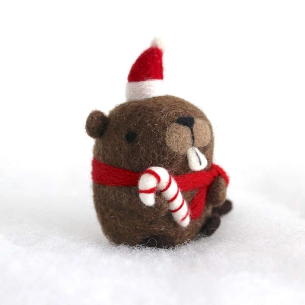 Needle Felted Beaver w/ Candy Cane