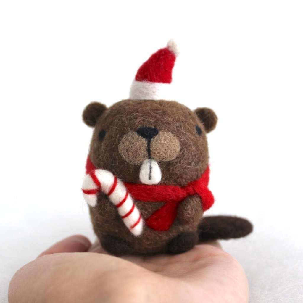 Needle Felted Beaver w/ Candy Cane