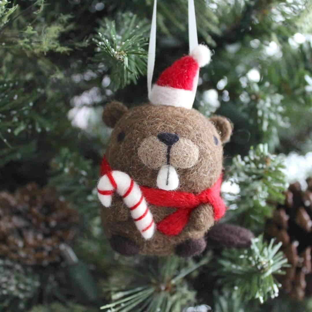 Needle Felted Beaver w/ Candy Cane