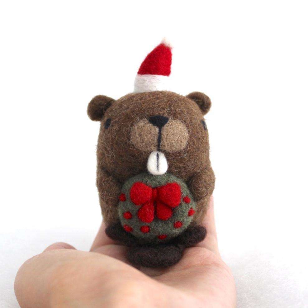 Needle Felted Beaver w/ Christmas Wreath by Wild Whimsy Woolies