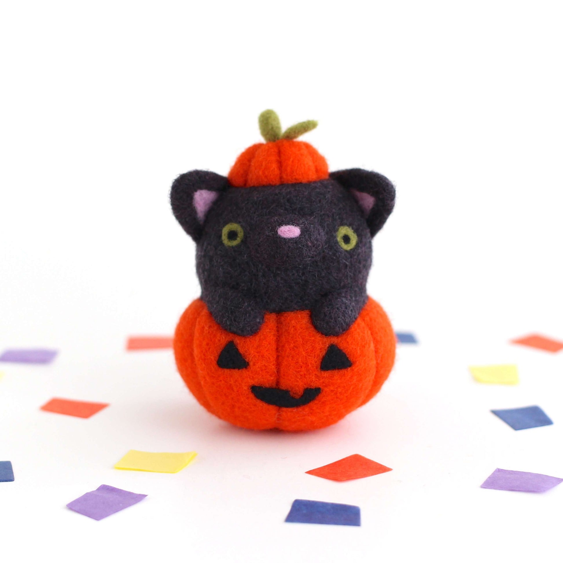 Needle Felted Black Cat in Jack-o'-Lantern (Bright Orange Variant) by Wild Whimsy Woolies