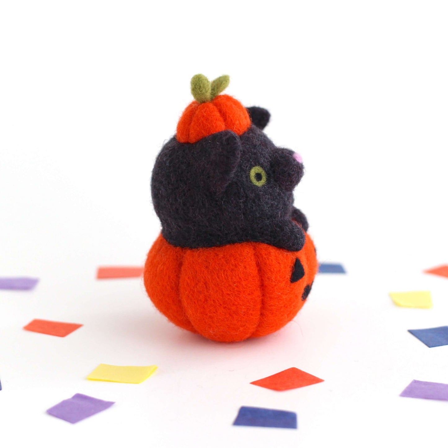 Needle Felted Black Cat in Jack-o'-Lantern (Bright Orange Variant) by Wild Whimsy Woolies