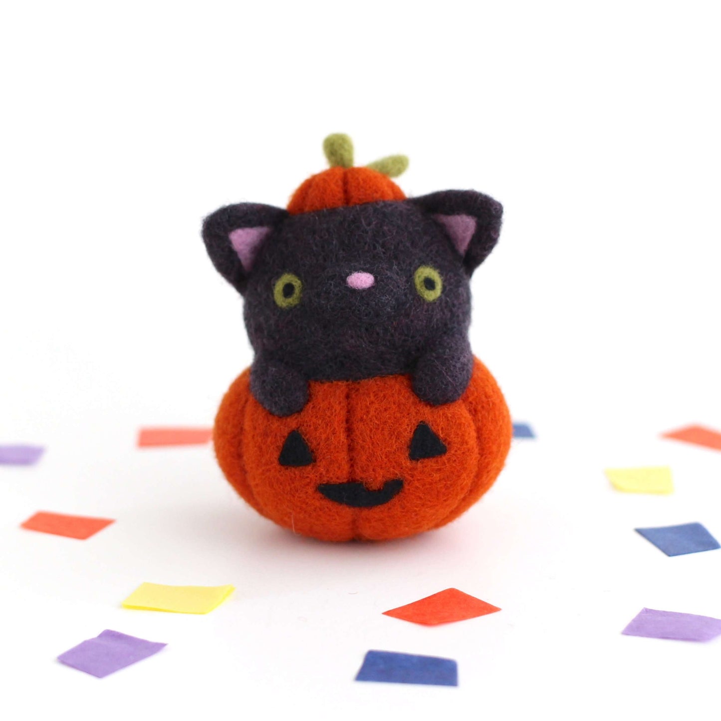 Needle Felted Black Cat in Jack-o'-Lantern (Burnt Orange Variant)