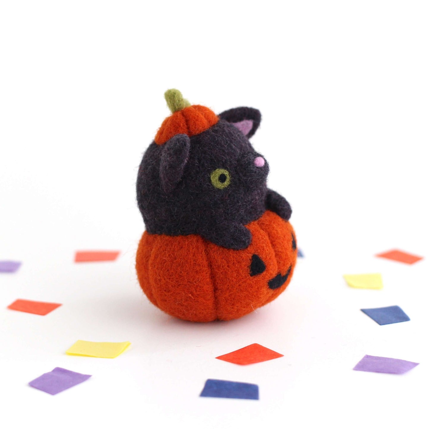 Needle Felted Black Cat in Jack-o'-Lantern (Burnt Orange Variant)