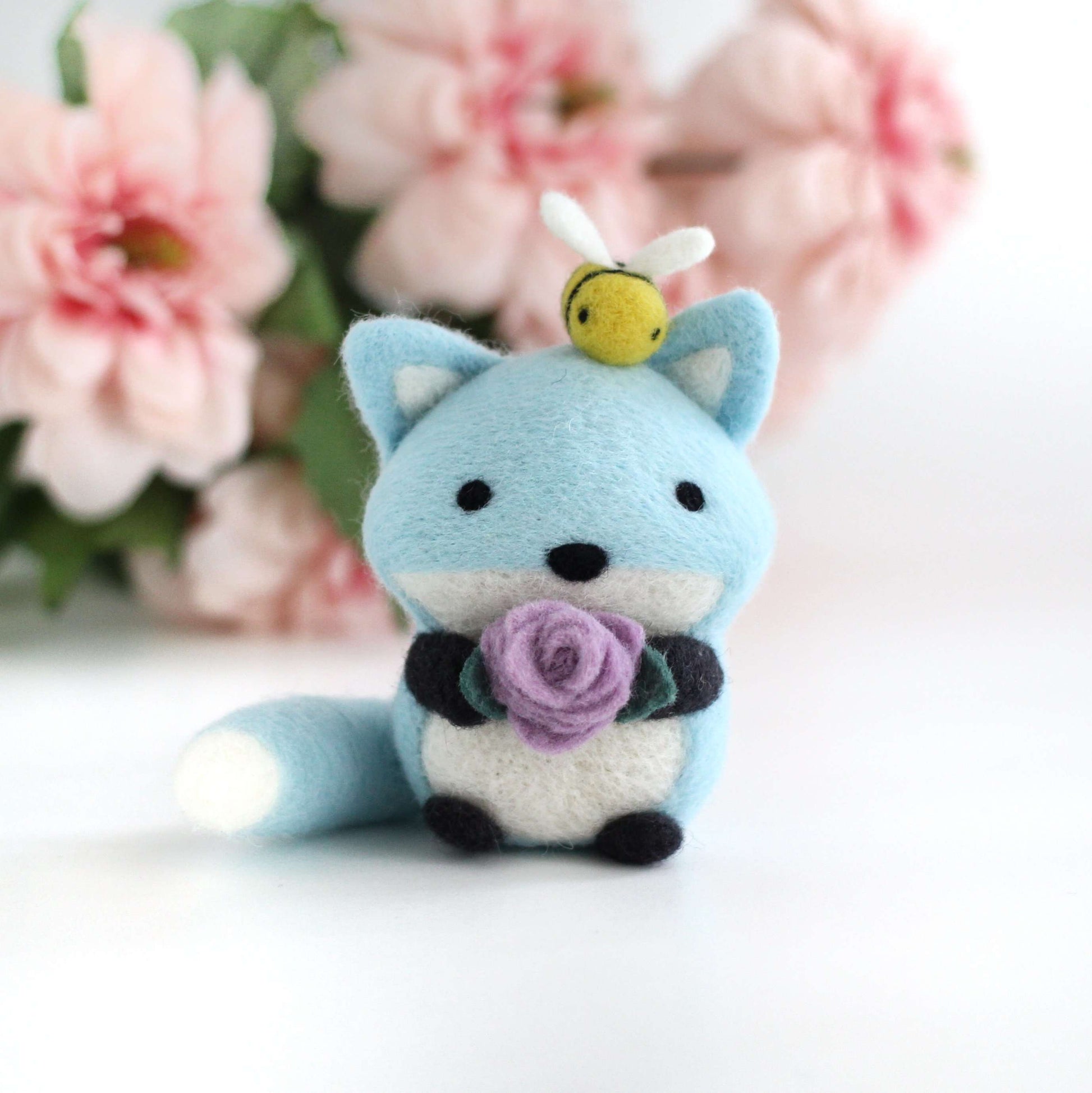 Needle Felted Blue Fox with Bee Friend and Rose