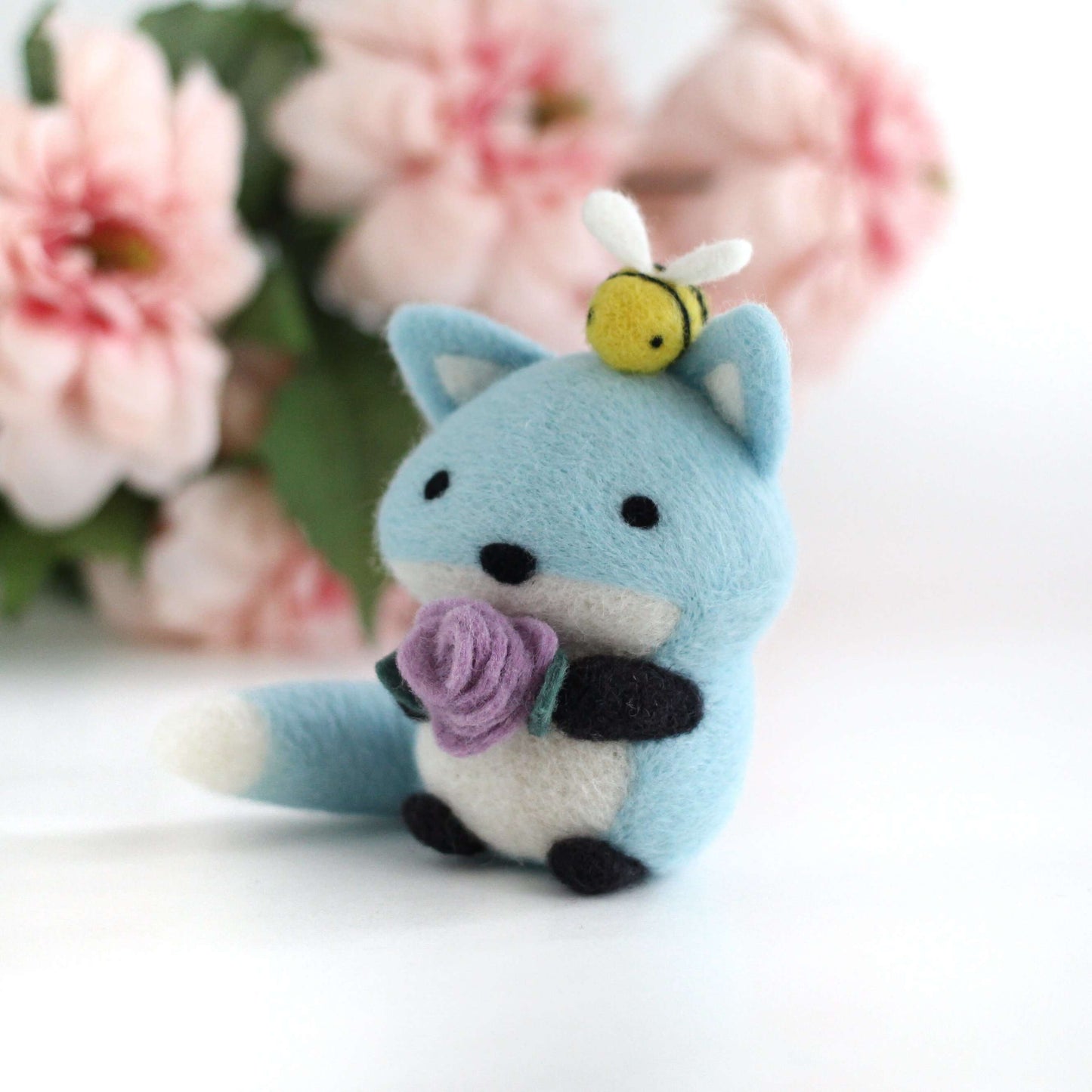 Needle Felted Blue Fox with Bee Friend and Rose
