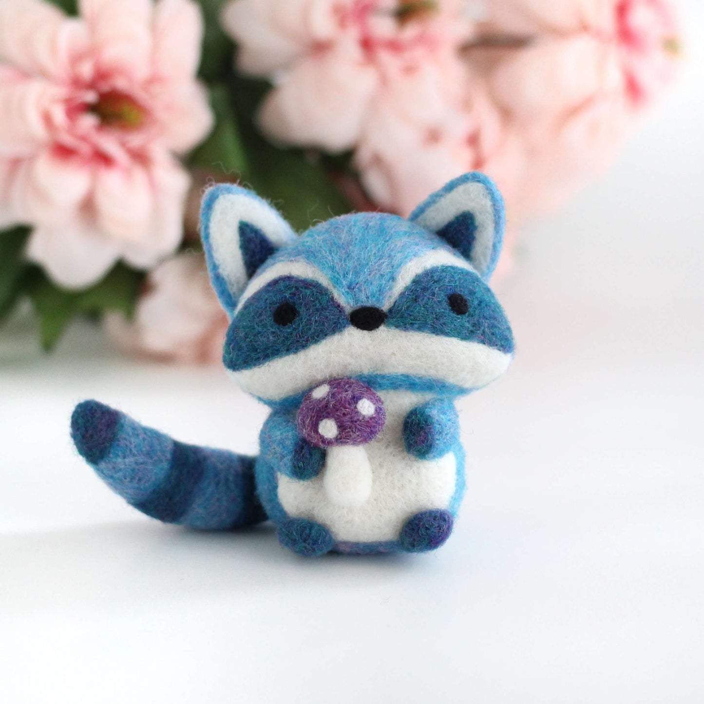 Needle Felted Blue Raccoon with Magical Mushroom by Wild Whimsy Woolies