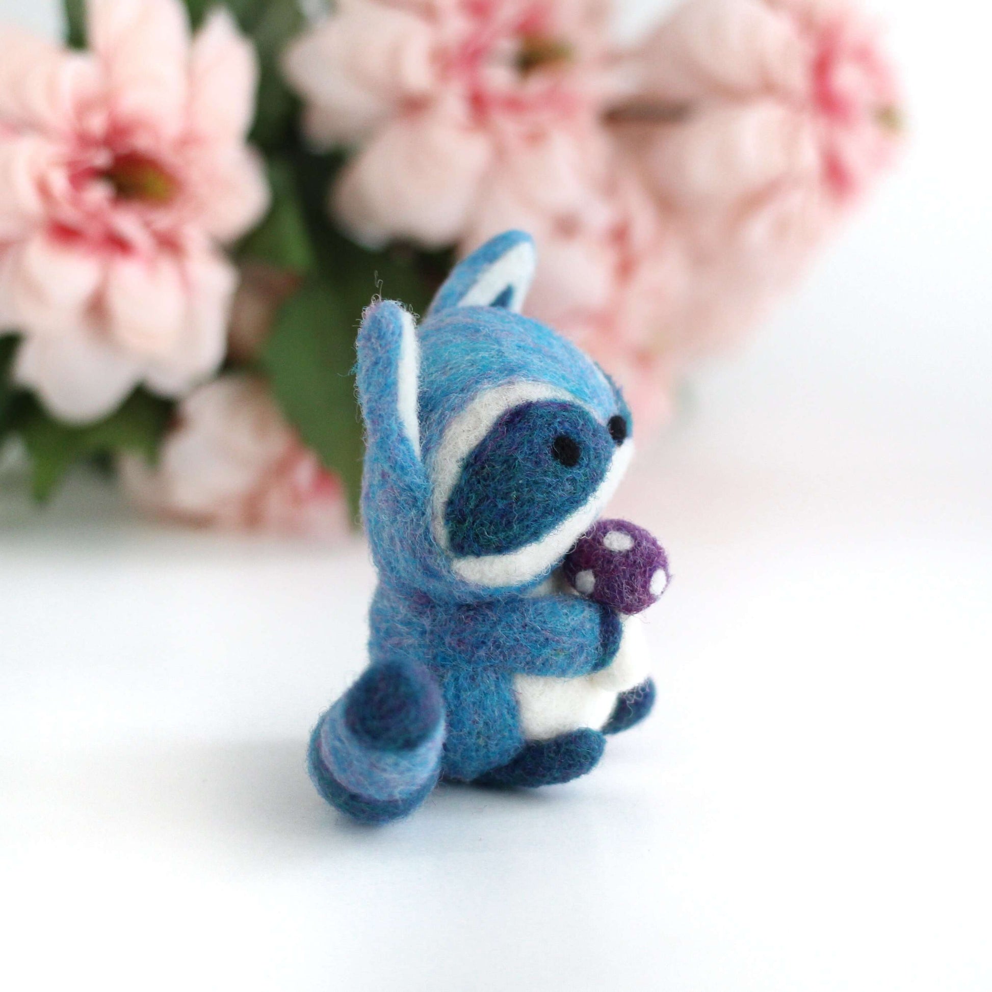 Needle Felted Blue Raccoon with Magical Mushroom by Wild Whimsy Woolies