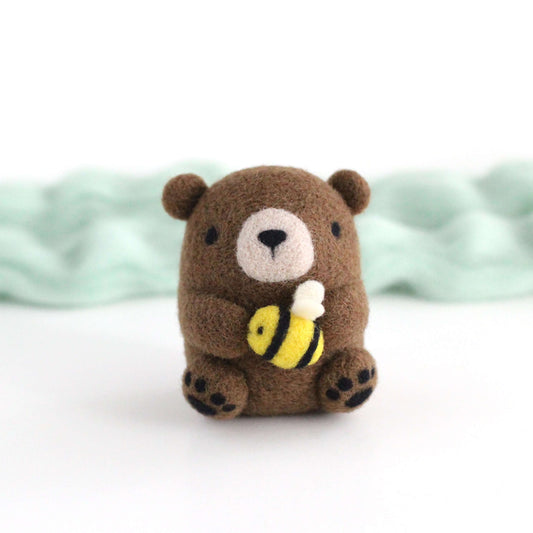 Needle Felted Brown Bear holding Bee