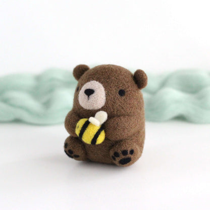 Needle Felted Brown Bear holding Bee
