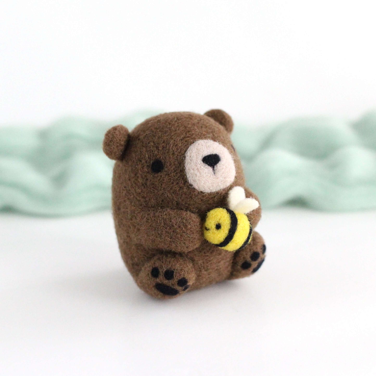 Needle Felted Brown Bear holding Bee