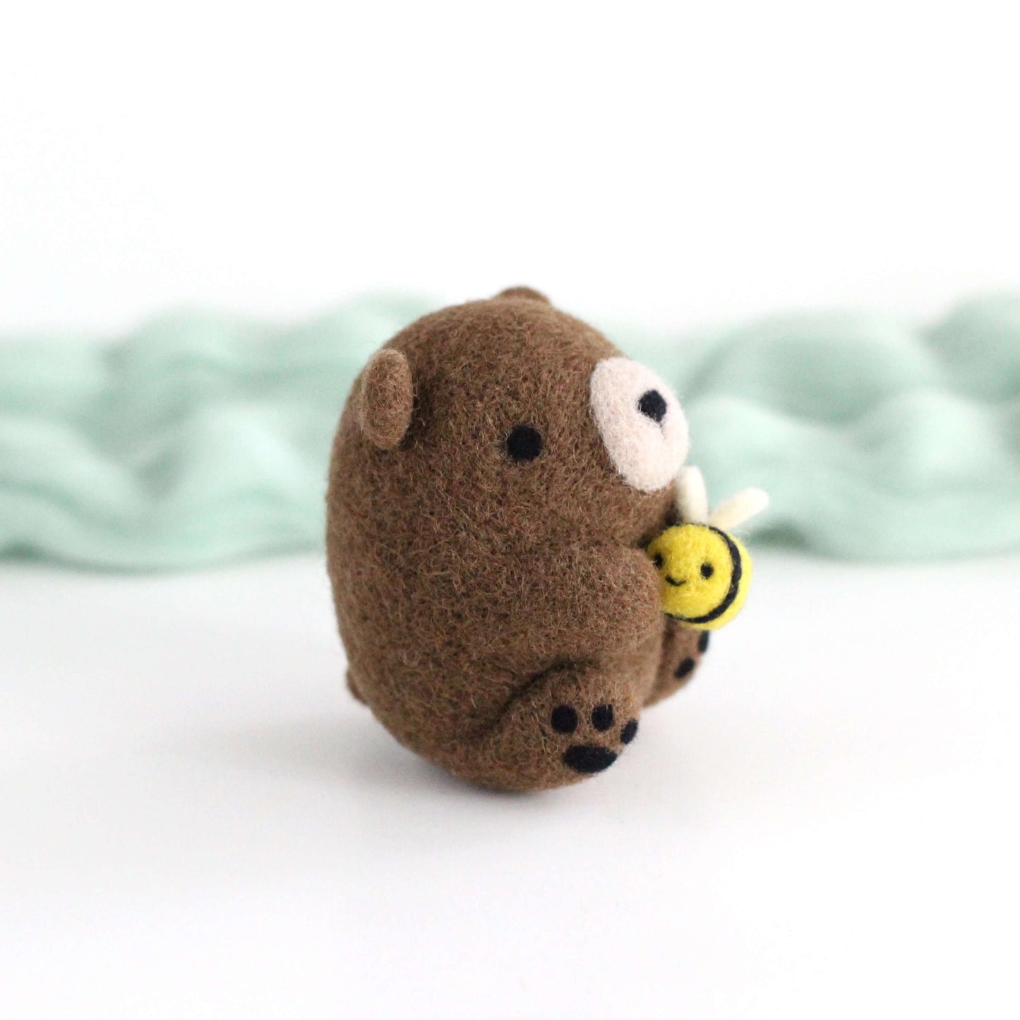 Needle Felted Brown Bear holding Bee