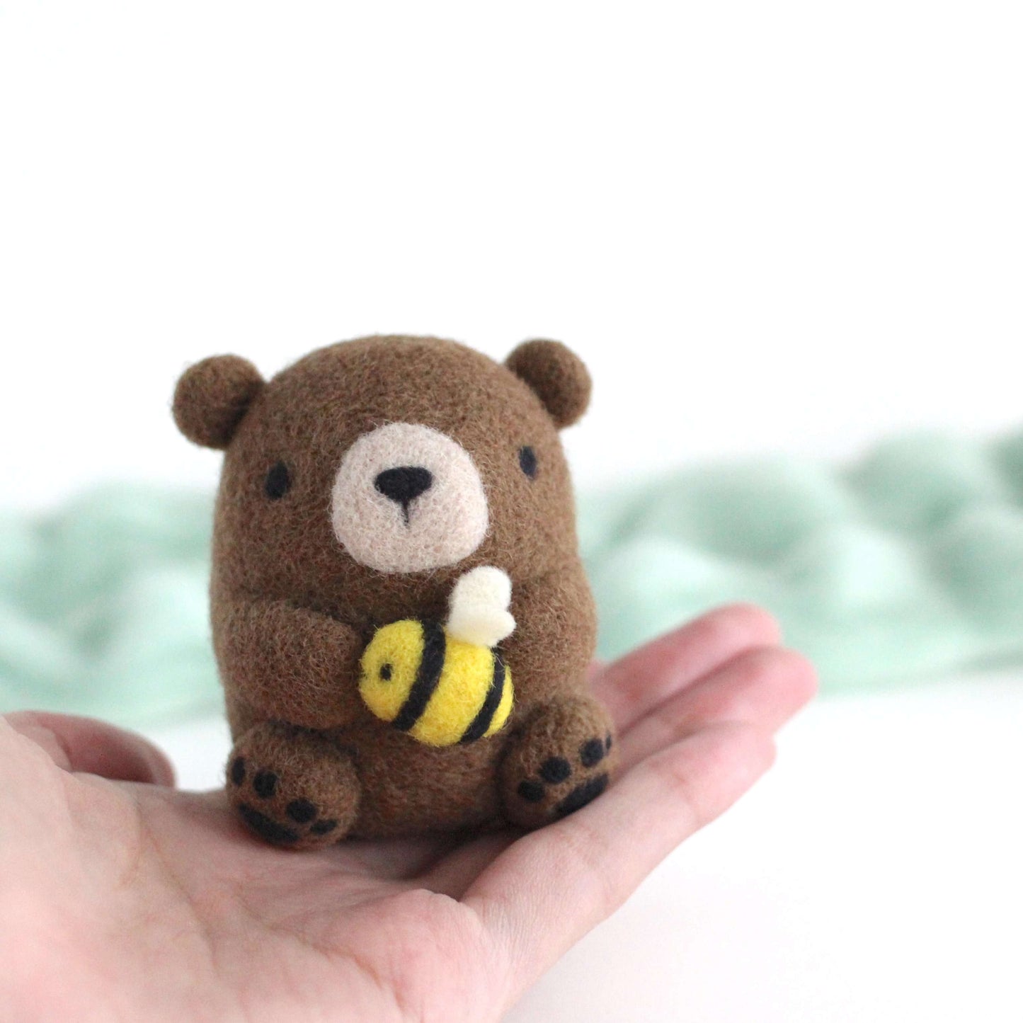 Needle Felted Brown Bear holding Bee