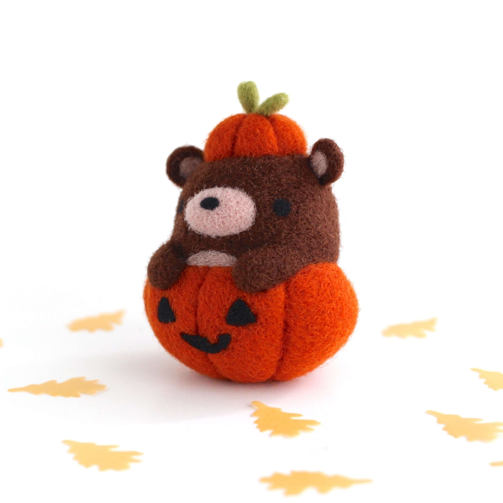 Needle Felted Brown Bear in Jack-o'-Lantern by Wild Whimsy Woolies