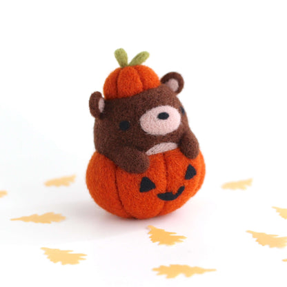 Needle Felted Brown Bear in Jack-o'-Lantern by Wild Whimsy Woolies