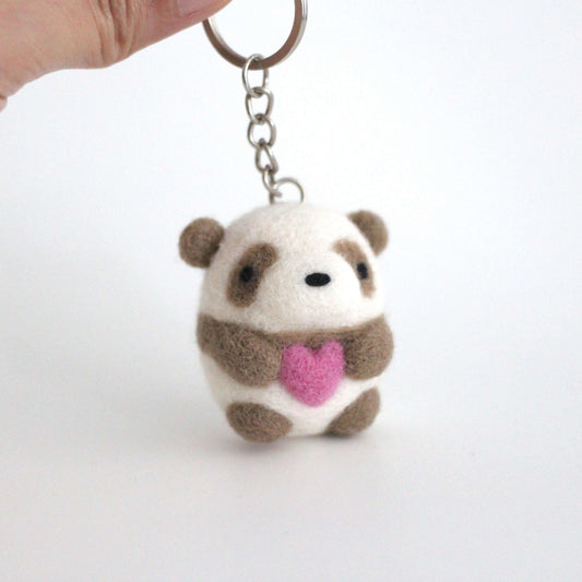 Needle Felted Brown Panda Holding a Heart Keychain