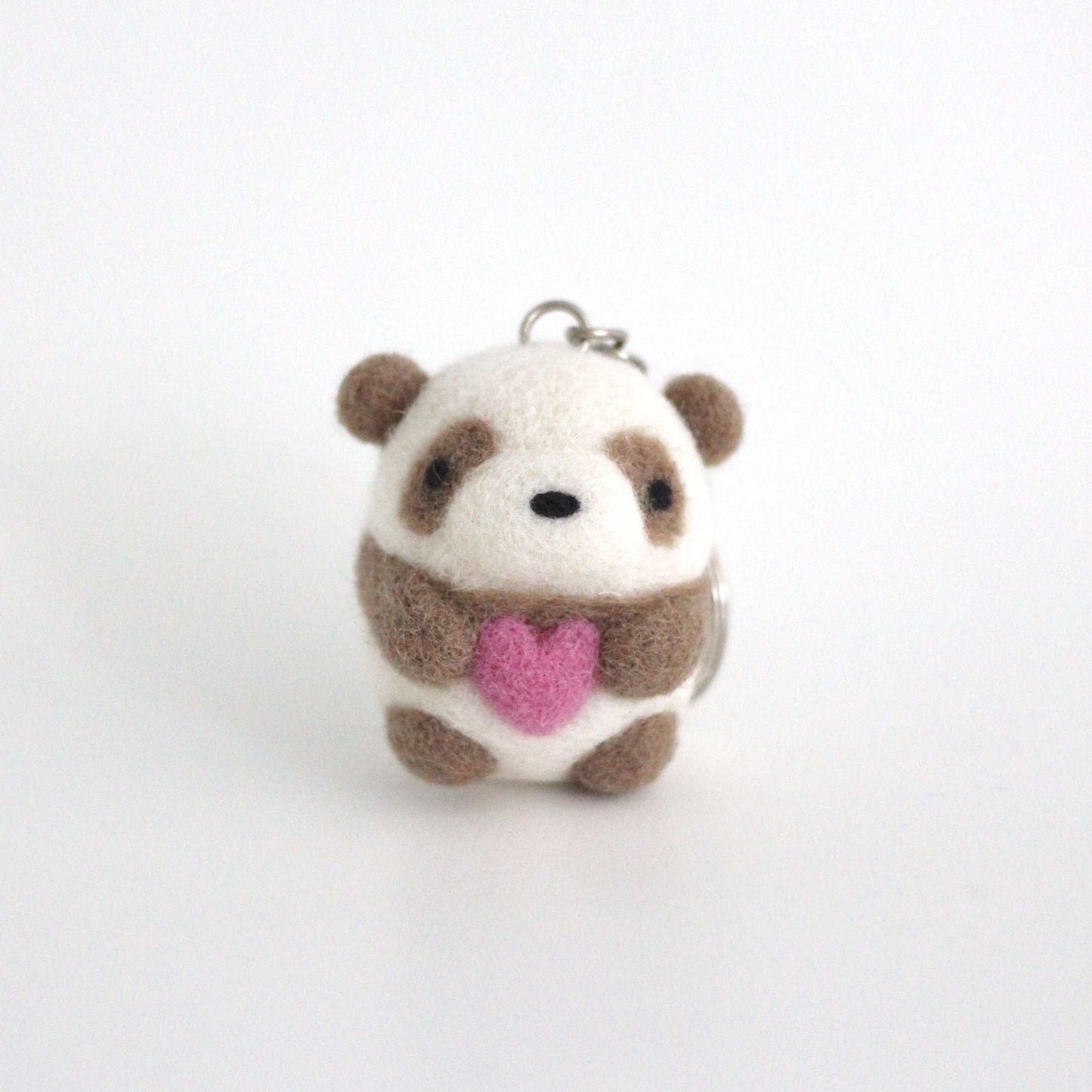 Needle Felted Brown Panda Holding a Heart Keychain by Wild Whimsy Woolies