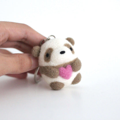Needle Felted Brown Panda Holding a Heart Keychain by Wild Whimsy Woolies