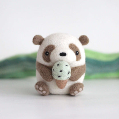 Needle Felted Brown Panda holding Ice Cream by Wild Whimsy Woolies