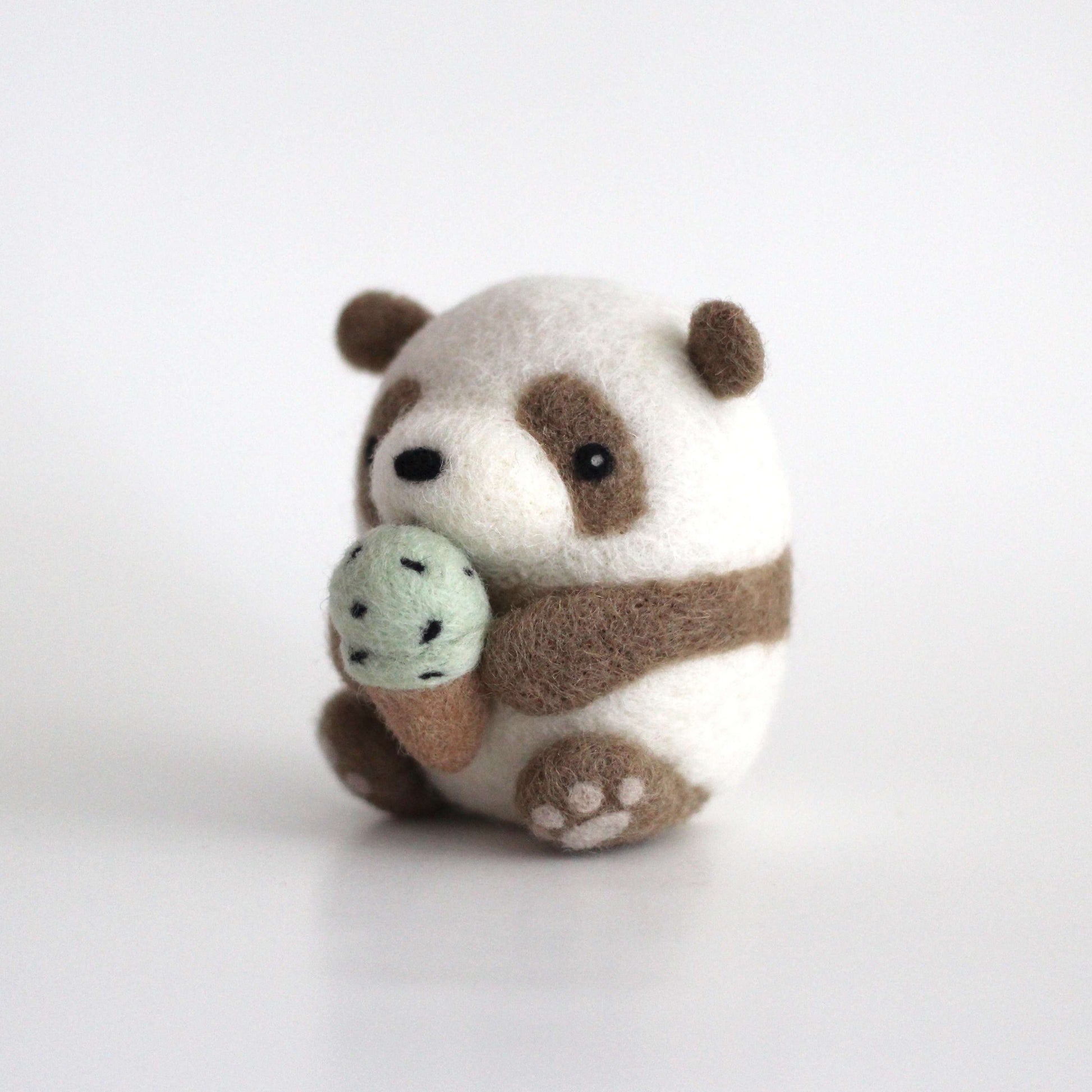 Needle Felted Brown Panda holding Ice Cream by Wild Whimsy Woolies