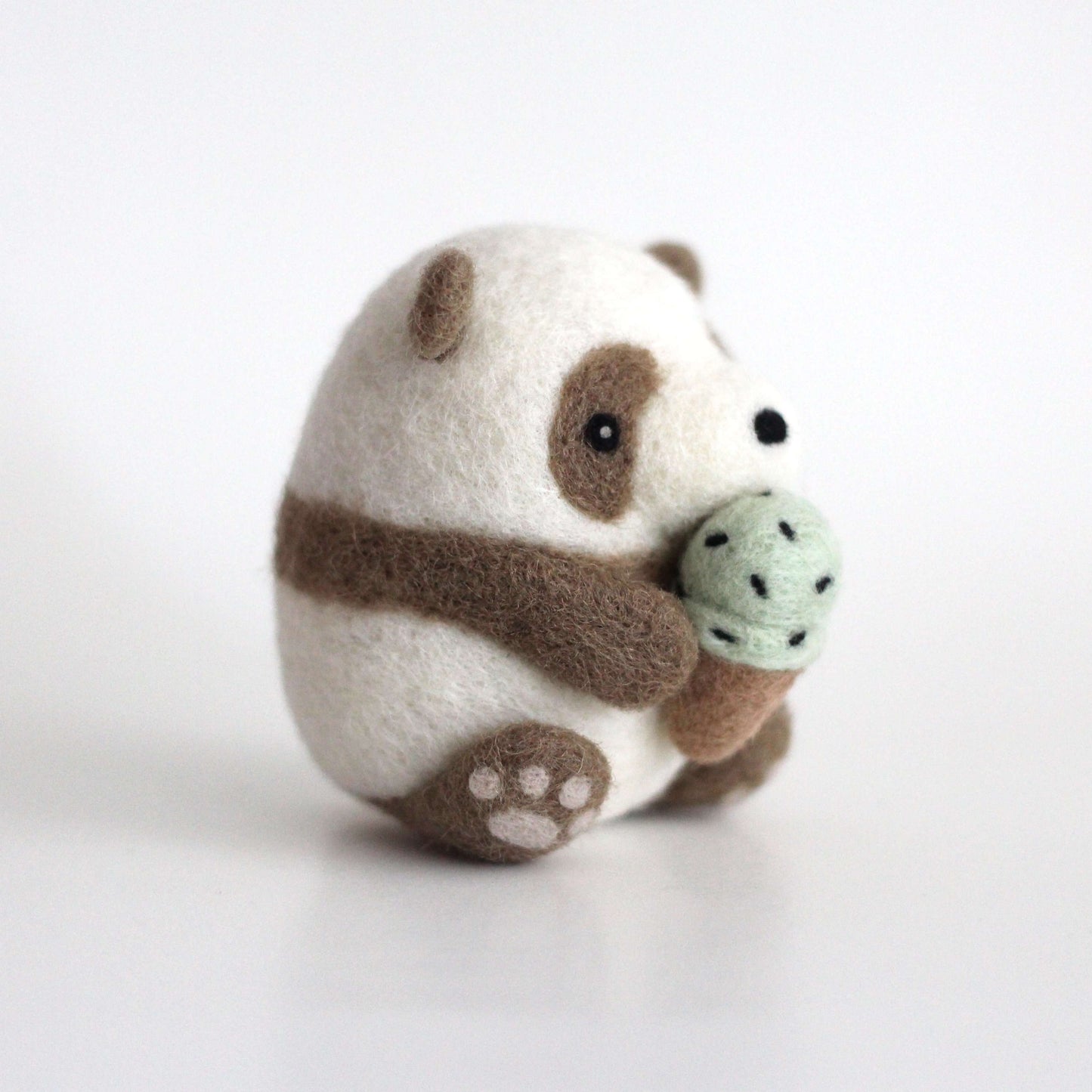 Needle Felted Brown Panda holding Ice Cream