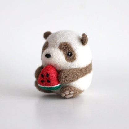 Needle Felted Brown Panda holding Watermelon by Wild Whimsy Woolies