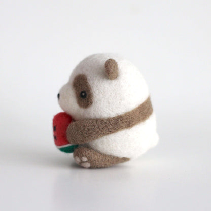 Needle Felted Brown Panda holding Watermelon by Wild Whimsy Woolies