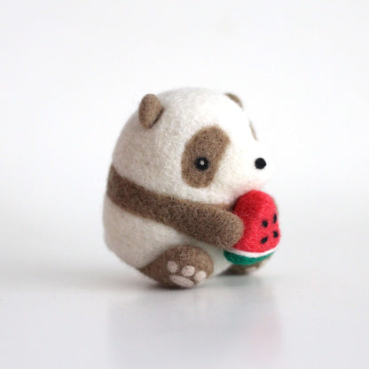 Needle Felted Brown Panda holding Watermelon
